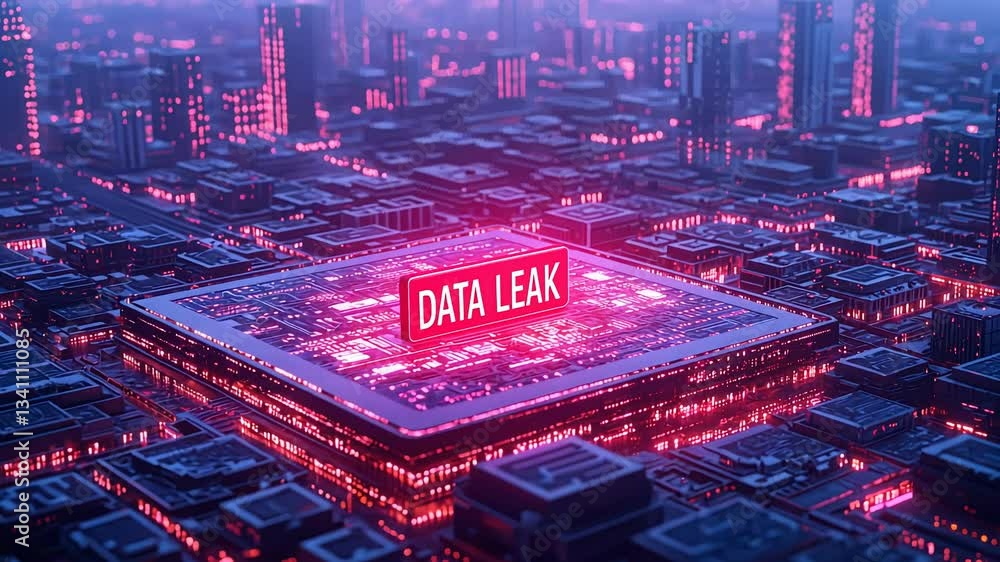 Poster cybersecurity data breach concept, futuristic cityscape with a data leak warning.