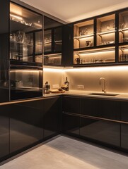 Fototapeta premium This image showcases a modern kitchen corner with cabinets