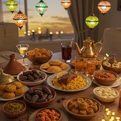 Fototapeta premium Ramadan kareem iftar time foods with family dates fry foods