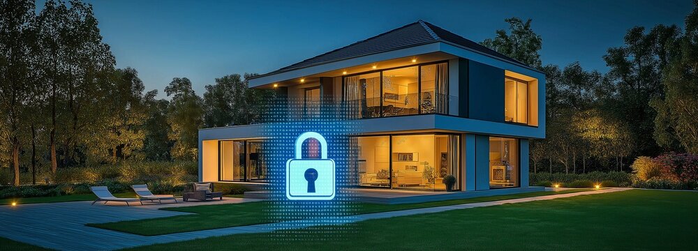 Modern home with smart security system protection at night. A binary code flashes on the digital padlock icon. A secure home for future technology.