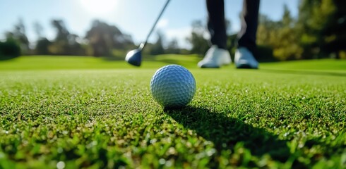 Golfer preparing for a swing on a pristine golf course.