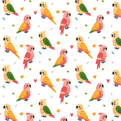 Children's seamless pattern with budgies of  yellow, pink and green colors