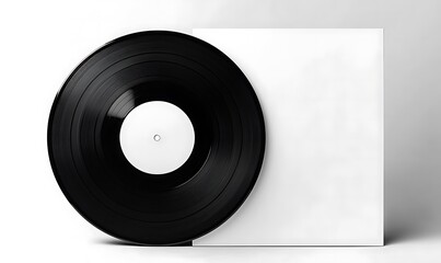 Obraz premium Black vinyl record in white carton sleeve. Template for mockup. Partially in sleeve