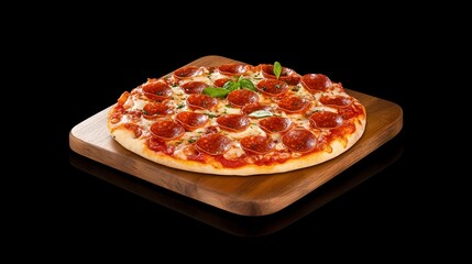 A vibrant pizza topped with halal pepperoni, fresh mozzarella, and tomato sauce, baked to golden perfection with crispy edges, served on a rustic wooden board with a sprinkle of fresh basil