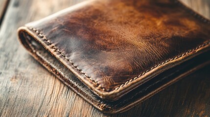 Brown leather wallet, wood. Generative AI