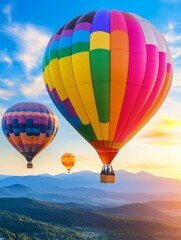 Obraz premium Colorful Hot Air Balloons Over Scenic Mountain Landscape - Three vibrant hot air balloons soar over a picturesque mountain range at sunrise, symbolizing adventure, freedom, exploration, dreams