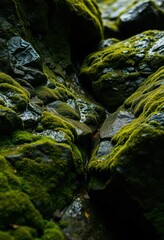 Moss-covered rocks, damp, lush green, textured surface, overlay, texture, forest