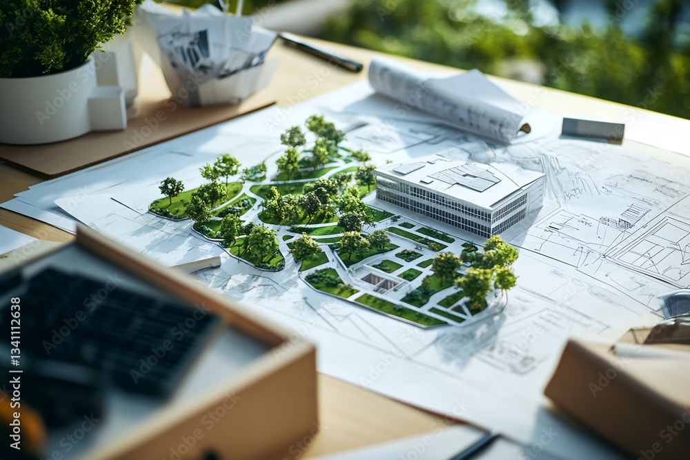 Poster architectural model and blueprints of building complex with park