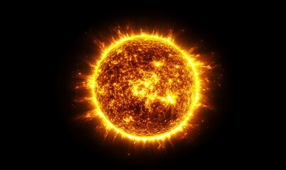 A close-up of the sun, a bright, yellow, and orange celestial body, with a fiery surface and glowing corona, isolated against a black background.