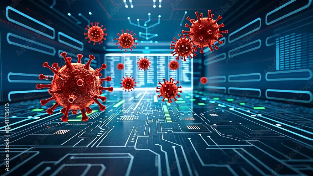 Poster cybersecurity data breach concept, digital representation of viruses in a tech environment.