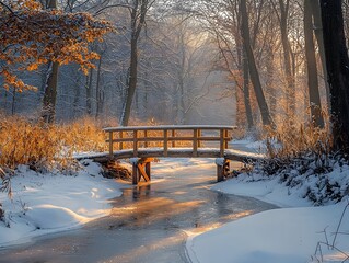 A Tranquil Winter Wonderland Snowy Forest with Wooden Bridge