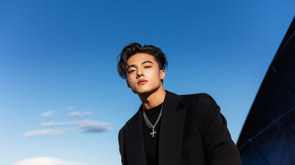 Stylish young man posing against a clear blue sky. Modern portrait and fashionable look.