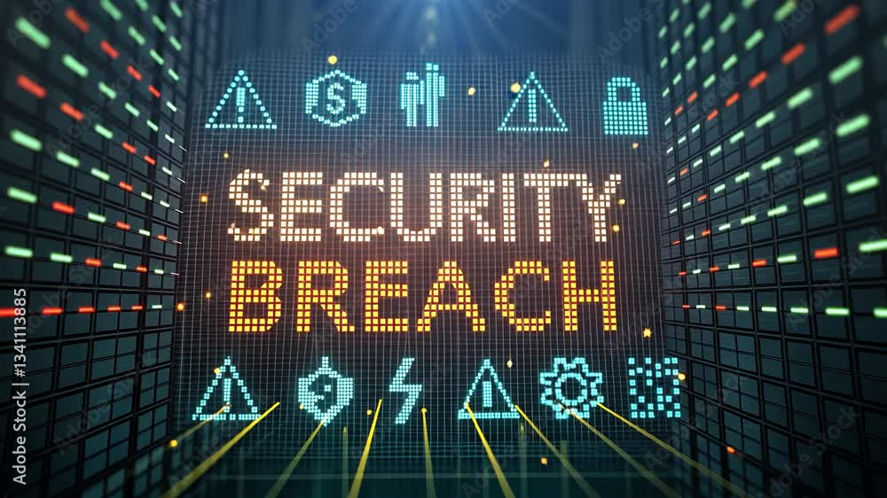 Poster cybersecurity data breach concept, digital display showcasing a security breach alert.