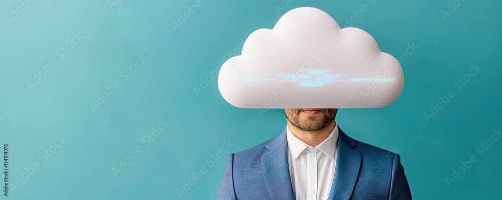 Poster cloud technology data backup and server storage concept. a businessman with a cloud above his head, 