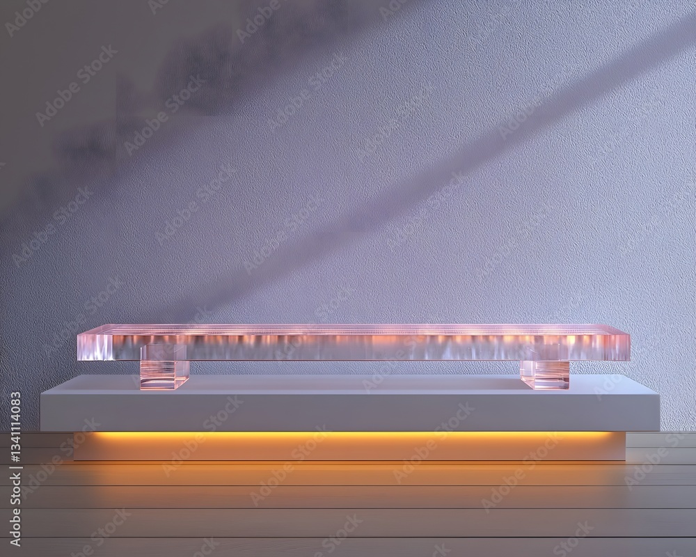 Aufkleber transparent acrylic stand on a seamless white background creating a floating effect for product pres