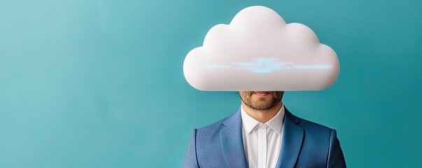 Cloud technology data backup and server storage concept. A businessman with a cloud above his head, symbolizing innovative thought and creativity.