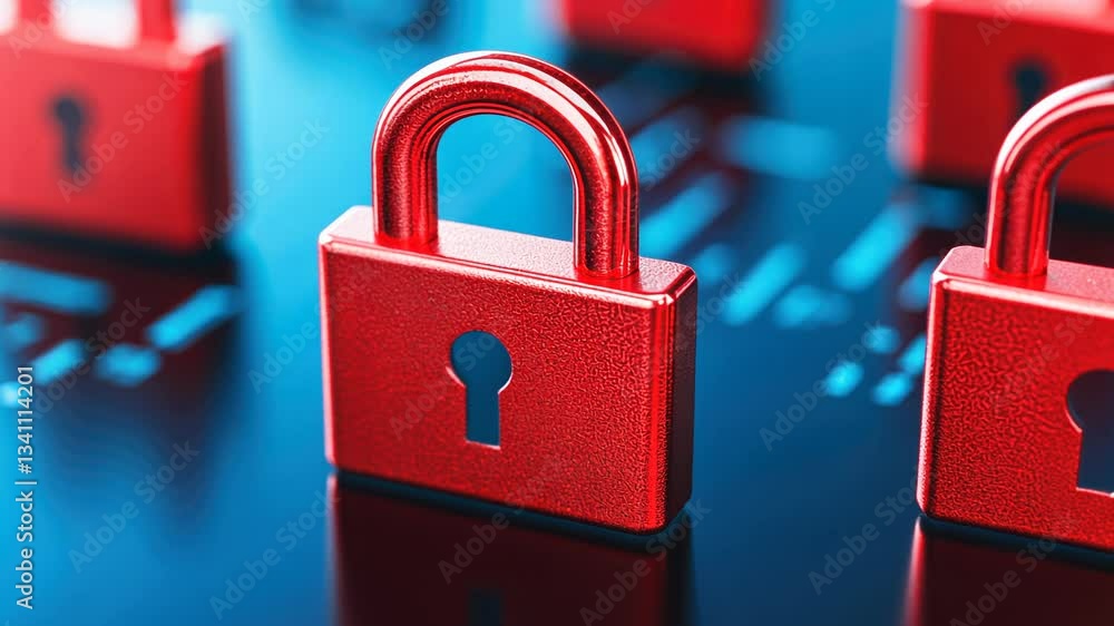 Poster cybersecurity data breach concept, red padlocks on a digital background symbolizing security.