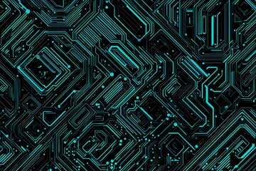 Abstract close-up of a glowing blue digital circuit board, showcasing intricate connections and technological design on a black background.
