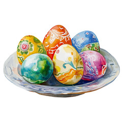 My watercolor-colored eggs are on a white plate in front view. Traditional Persian New Year Hyacinth, isolated on a white background. Nowruz vector design set, haft sin