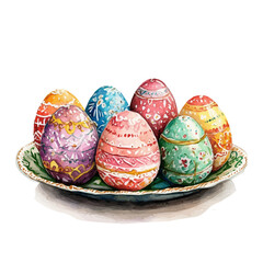 My watercolor-colored eggs are on a white plate in front view. Traditional Persian New Year Hyacinth, isolated on a white background. Nowruz vector design set, haft sin