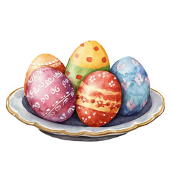 My watercolor-colored eggs are on a white plate in front view. Traditional Persian New Year Hyacinth, isolated on a white background. Nowruz vector design set, haft sin