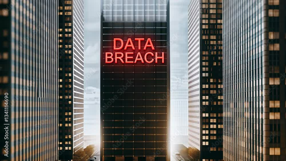 Aufkleber cybersecurity data breach concept, cityscape with a building displaying 