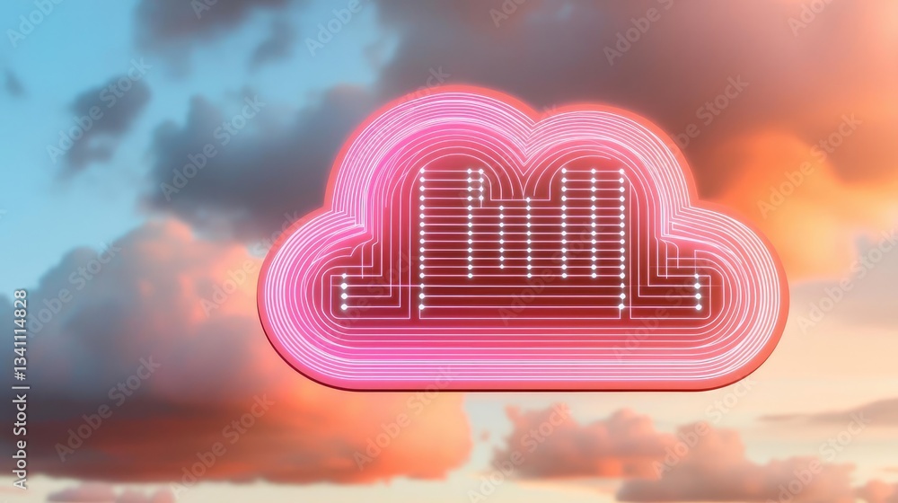 Poster cloud technology data backup and server storage concept. a bright digital cloud symbol glowing again