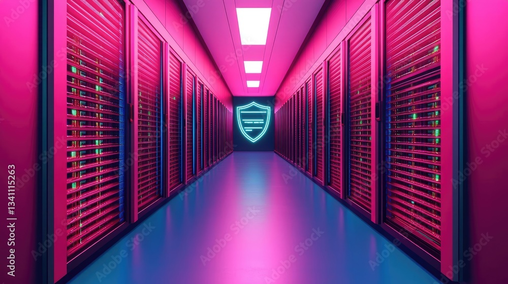 Poster cloud technology data backup and server storage concept. futuristic server room hallway with vibrant
