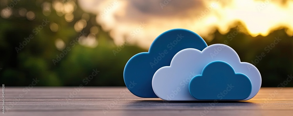 Poster cloud technology data backup and server storage concept. modern cloud icons against a beautiful suns