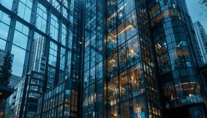 Evening business activity in modern tall office building urban setting architectural photography nighttime perspective innovative design concept