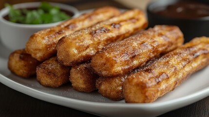 Churros dusted cinnamon and sugar served with a chocolate dipping sauce on a white plate a sweet and crispy bakery favorite