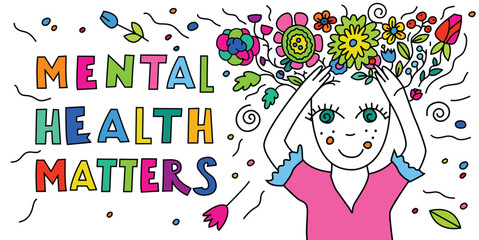 Mental health illustration. Colorful doodle design with a happy woman
