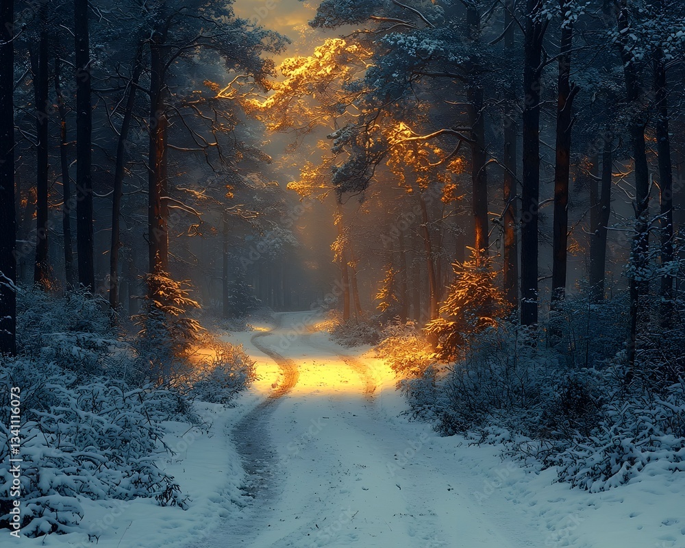 Poster a serene winter forest path illuminated by a warm glow at twilight