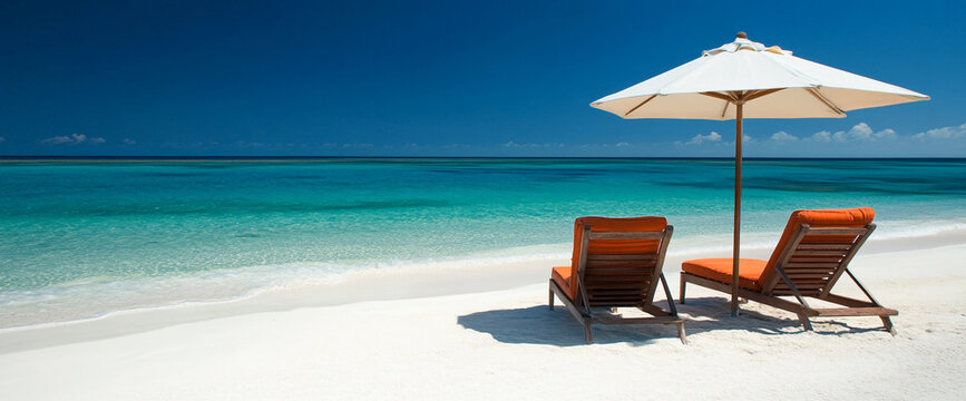 Two orange lounge chairs sit on a white sand beach under a white umbrella, facing a turquoise ocean and clear blue sky.  This image represents relaxation, vacation, and tropical paradise