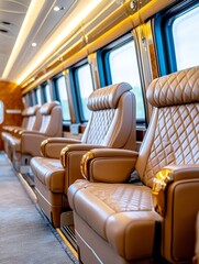 Fototapeta premium Elegant Luxury Train Interior: First Class Comfort - Experience refined travel. Luxurious seating, elegant design, premium comfort, smooth journey, exclusive experience