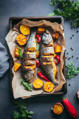 Grilled fish with sweet potato, pepper and rosemary. Baked in oven on a baking parchment. Mediterranean cuisine, balanced protein food.