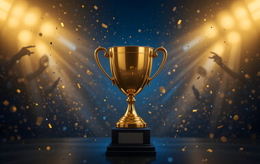 Golden trophy cup dark blue background is center Golden trophy a