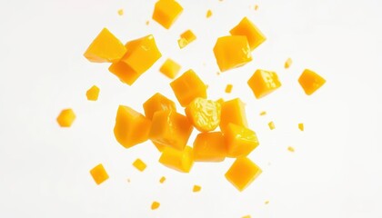 Juicy, golden mango chunks falling against a pure white backdrop, food, vitamin c