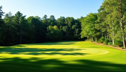 Obraz premium Lush green golf course fairway bordered by dense woods, peaceful, fairway