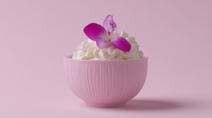 Coconut mousse with creamy coconut, whipped cream, and a light texture, presented in a pink bowl, tropical and fluffy Hyper-quality professionnal photography, ultra detailed, high resolution