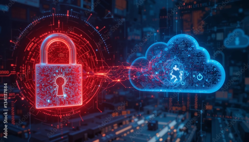 Poster cybersecurity action taking place in a digital cloud environment featuring a lock and data transfer 