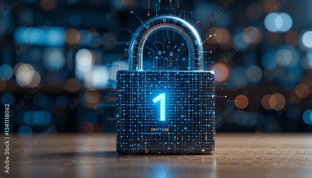Poster securing digital assets innovative lock design with data visualization highlights modern workspace d