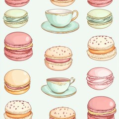 Pastel Macarons & Teacups Seamless Pattern