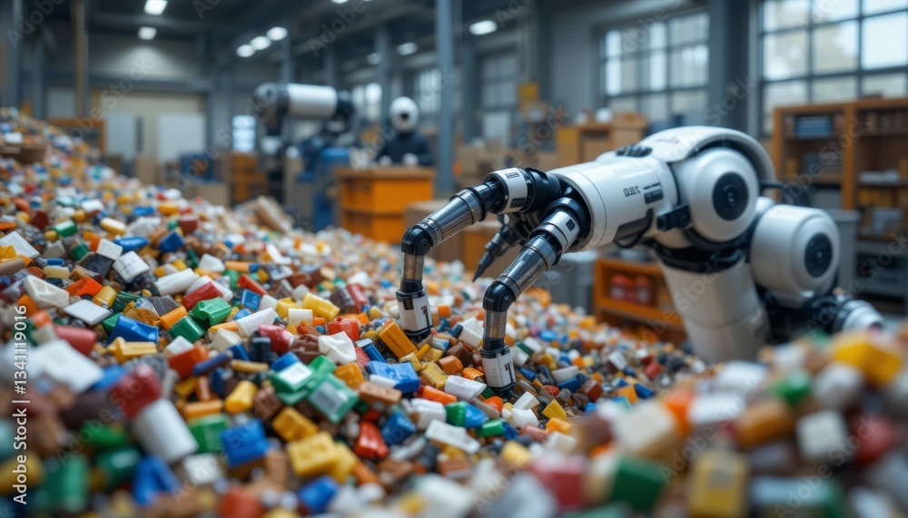 Poster automated robotics sorting action in industrial warehouse high-tech environment close-up viewpoint e