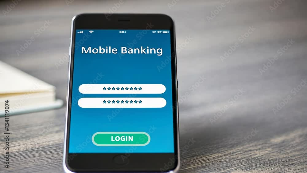 Poster cybersecurity data breach concept, mobile banking application on a smartphone screen.