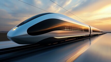 Obraz premium Eco-friendly Tech Futuristic high-speed train in motion.