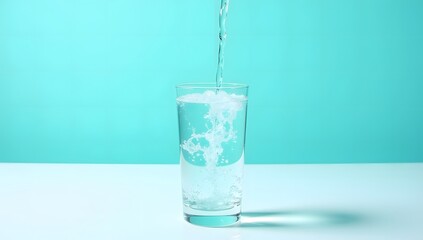 Pure Water Stream Flowing into Glass with Blue Backdrop
