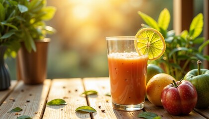 Fototapeta premium Refreshing orange juice in a glass garnished with a lime slice, surrounded by apples and citrus fruits