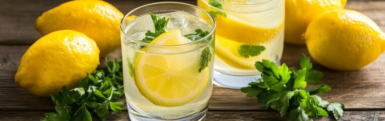 Freshly served lemon drinks in two glasses surrounded by fresh lemons and herbs for a healthy drink concept