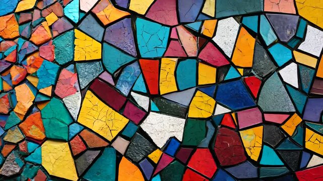 abstract mosaic pattern with vibrant colors, geometric shapes, dynamic composition, digital art, high contrast, modern look, playful feel